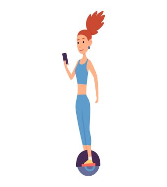 Giroboard süren genç ve yakışıklı bir kız, modern açık hava ulaşımı, ayakta duruş. Elektrikli araba kullanan insanlar. Kiralama servisi için hızlı bir ekolojik gezinti tasarla. Düz biçimli vektör illüstrasyonu