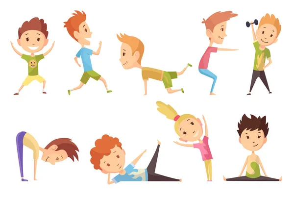 Fitnesssport. Eine Gruppe von Jungen und Mädchen, die Turnübungen machen. Lustige Cartoon bunte Charaktere. Niedliche Kinderturnen und gesunder Lebensstil Sport Illustration. Vector glückliche Kinder Fitness — Stockvektor