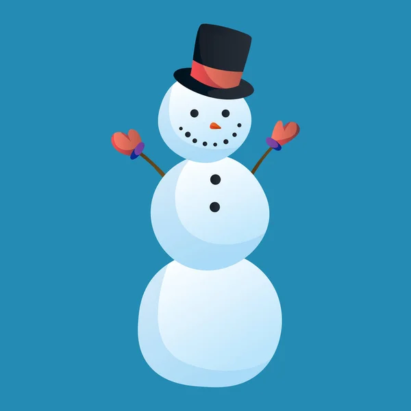 Muñeco de nieve levantando las manos con sombrero de copa aislado sobre fondo blanco. Tema de invierno. Ilustración de caracteres vectoriales — Vector de stock
