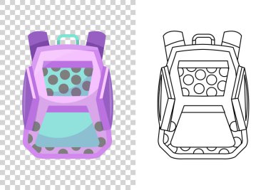 Eğitim ve öğrenim, okul çantası ikonu. Müsrif öğrenci çantası. Renkli bir öğrenci çantası. Çocukların okul çantası. Şeffaf arkaplan üzerinde taslak ve renk biçimi vektör çizimi