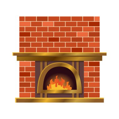 Şöminede ateş var. Şömineli taş fırının klasik tasarımı. Düz simge tasarımı. Resimler beyaz arkaplanda izole edildi