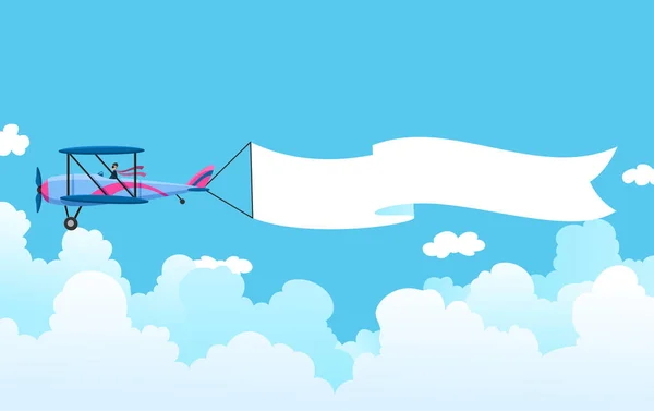 Ретро-самолет со знаменем. Биплан самолета тянет рекламный баннер. Самолет с белой лентой для зоны сообщений. Векторная иллюстрация — стоковый вектор