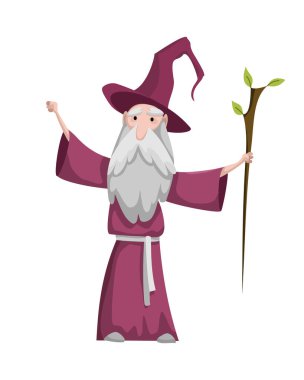 Ortaçağ Krallığı Karakteri. Beyaz arka planda, tarihsel kostümlü izole edilmiş yaşlı büyücü. Vektör kişiliği