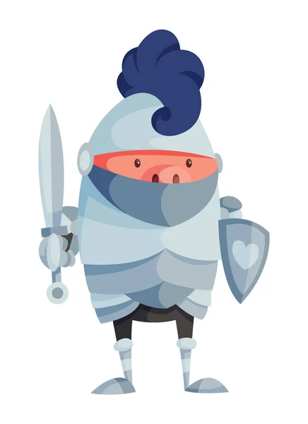 Cochon de bande dessinée en armure de chevalier avec une épée. Illustration pour drôle de jeu d'enfants. T-shirt vecteur logo design — Image vectorielle