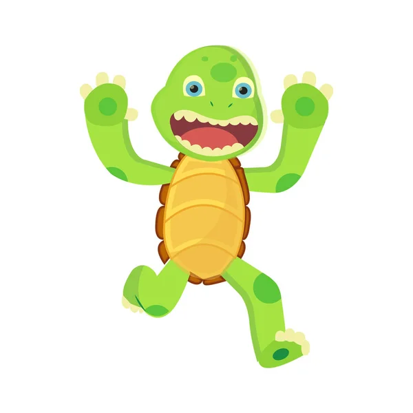 Feliz joven tortuga de dibujos animados corre y trata de asustar. Niñera. Diseño del logotipo del vector de camiseta — Archivo Imágenes Vectoriales