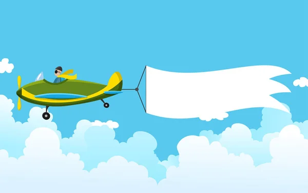 Avión retro con una pancarta. Aviones biplanos tirando de banner publicitario. Avión con cinta blanca para el área del mensaje. Ilustración vectorial — Vector de stock