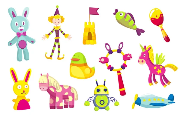 Collezione di giocattoli per bambini. Carini i giocattoli divertenti per il bambino. Illustrazione vettoriale isolata in stile cartone animato — Vettoriale Stock