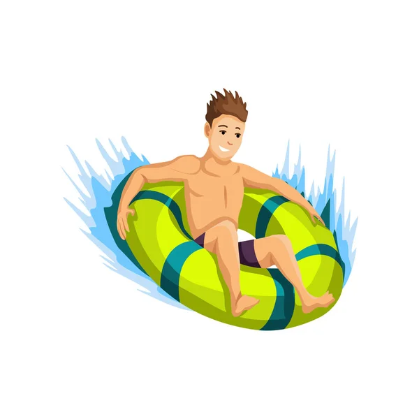 Aktivitäten am Strand im Sommer. Guy kommt auf einem aufblasbaren Kreis die Rutsche hinunter. Strandurlaub. Cartoon-Stil — Stockvektor