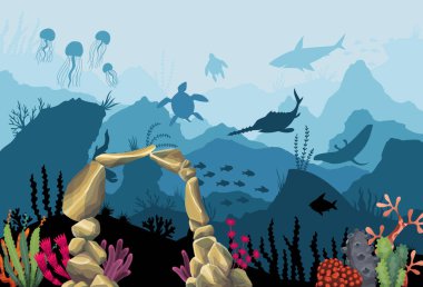 Su altı kumtaşı kemeri. Doğal sualtı deniz manzarası. Deniz yosunları deniz tabanının bir parçası. Kaplumbağalı mercan resifi, denizanası, köpekbalığı, balık ve deniz altı kemeri mavi bir arka planda.