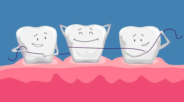 Śmieszne czyste zęby. Nić dentystyczna. Użyj nici higienicznej do zębów. Koncepcja ustnej opieki zdrowotnej. Higiena jamy ustnej i zębów — Wektor stockowy