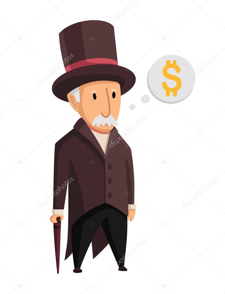 Image of a funny old man capitalist in a black suit and hat standing with a cane in his hands on a white background. Business, finance, monopoly, money