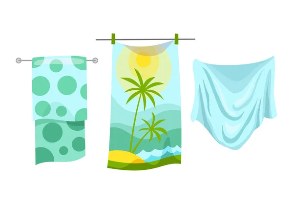 Colección de toallas de baño. Paño textil de dibujos animados para spa, playa, toallas de ducha — Archivo Imágenes Vectoriales