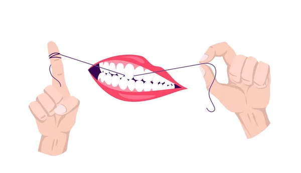 Чисті зуби. Зубна нитка. Використовуйте гігієнічну мушку для зубів. Концепція охорони здоров'я порожнини рота. Гігієна рота і зубів — стоковий вектор