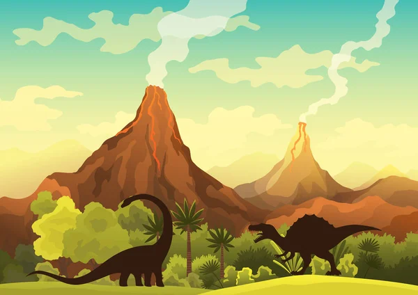 Προϊστορικό τοπίο - ηφαίστειο με καπνό, βουνά, δεινόσαυρους και πράσινη βλάστηση. Εικονογράφηση διάνυσμα του όμορφου προϊστορικού τοπίου και δεινόσαυροι — Διανυσματικό Αρχείο