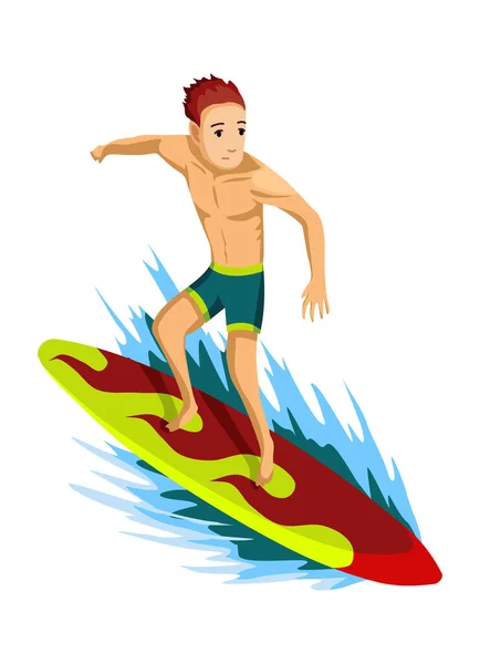 Zomer strand activiteiten. Hij rijdt op een surfplank. Zwaai veroveraar. Strandvakantie. Cartoon stijl — Stockvector