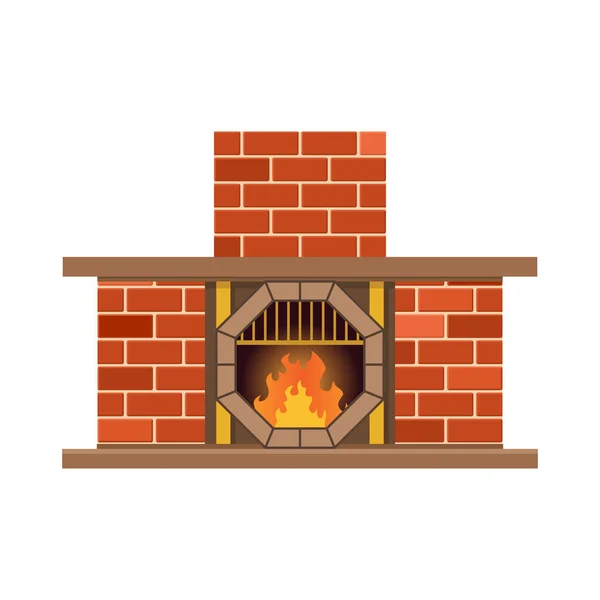 Vector home fireplace with fire. Vintage design of stone oven with fireside. Flat icon design. Illustration isolated on white background — Stock Vector