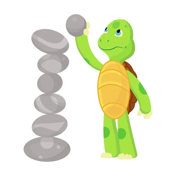 Feliz joven tortuga de dibujos animados jugando con piedra. Niñera. Diseño del logotipo del vector de camiseta — Vector de stock