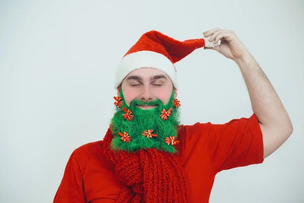 Cláusula Santa Ropa Roja Con Barba Verde Decorada Con Arcos —  Fotos de Stock