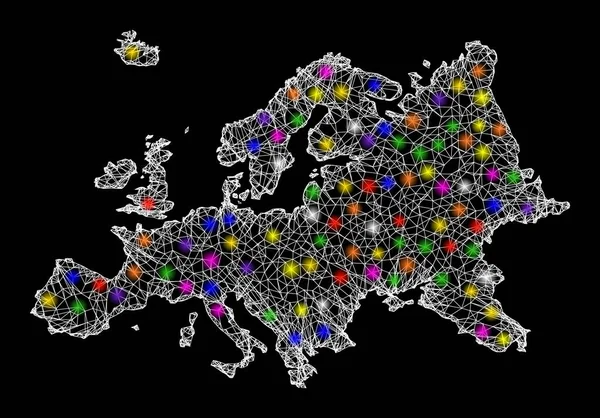 Mapa del marco de alambre web de Europa con puntos de luz brillantes — Archivo Imágenes Vectoriales