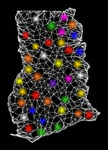 Mapa Web de Ghana con Manchas de Luz Coloridas — Vector de stock