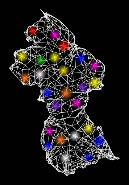 Χάρτης Web Carcass της Γουιάνας με φωτεινές κηλίδες — Διανυσματικό Αρχείο