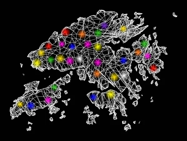 Mapa de malla web de Hong Kong con puntos de luz brillantes — Vector de stock