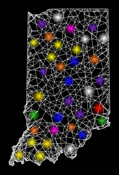 Webbnätverkskarta över Indiana State med färgglada ljusfläckar — Stock vektor