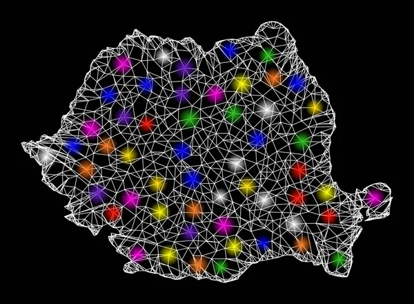 Mapa del marco de alambre web de Rumania con puntos de luz coloridos — Vector de stock