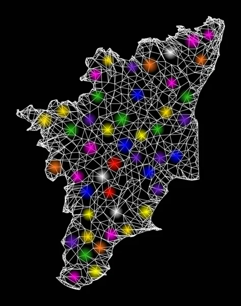 Mappa Carcassa Web dello Stato di Tamil Nadu con macchie di luce lucide — Vettoriale Stock