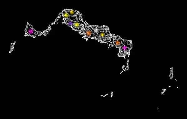 Web Mesh Kaart van Turks- en Caicoseilanden met Glanzende Lichte Vlekken — Stockvector