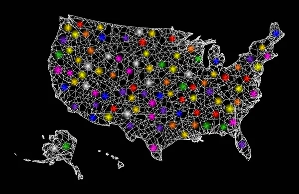Webb Carcass Karta över USA Territorier med bländning ljus fläckar — Stock vektor