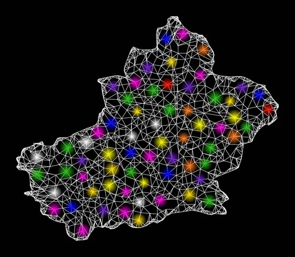 Mapa Web de la región de Xinjiang Uyghur con puntos de luz deslumbrantes — Vector de stock