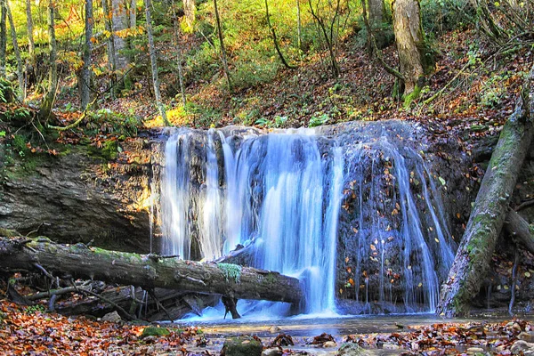Une petite cascade dans le ruisseau forestier — Photo