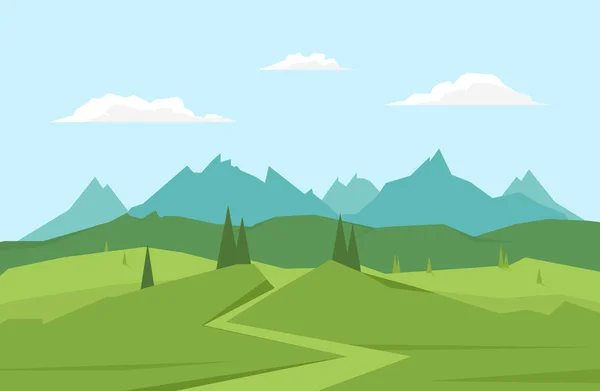 Vektör çizim: dağlar manzara road, çam ve tepeler.
