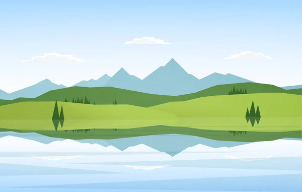 Vector Εικονογράφηση Λίμνη Βουνό Τοπίο Πεύκα Και Αντανάκλαση — Διανυσματικό Αρχείο