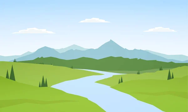 Ilustración Vectorial Verano Montañas Paisaje Con Río Primer Plano — Archivo Imágenes Vectoriales