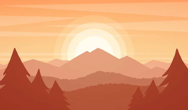 Vector illustration: Mountains landscape with sunset,  pines and hills.
