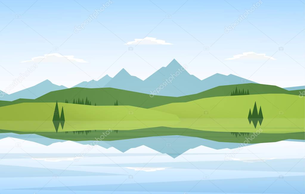 Vector illustration: Mountain Lake landscape with pine and reflection. 