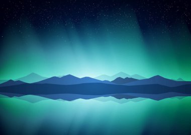 Aurora, göl ve dağ ufukta Kuzey manzara.