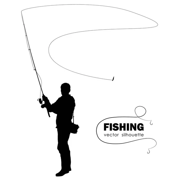 Geïsoleerde silhouet van de visser. Fisher gooit spinnen — Stockvector