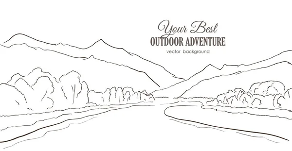 Handgezeichnete Bergskizze mit Fluss, Wald auf weißem Hintergrund. Linienstil. — Stockvektor