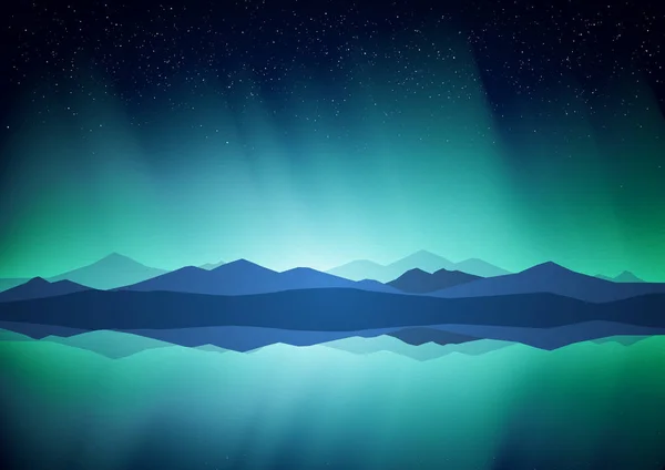 Northern landscape with Aurora, lake and mountains on the horizon.