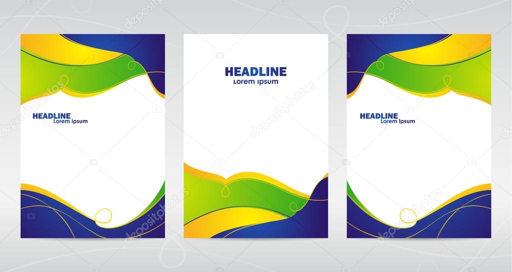 Three abstract template design of brochures with colored lines and waves.