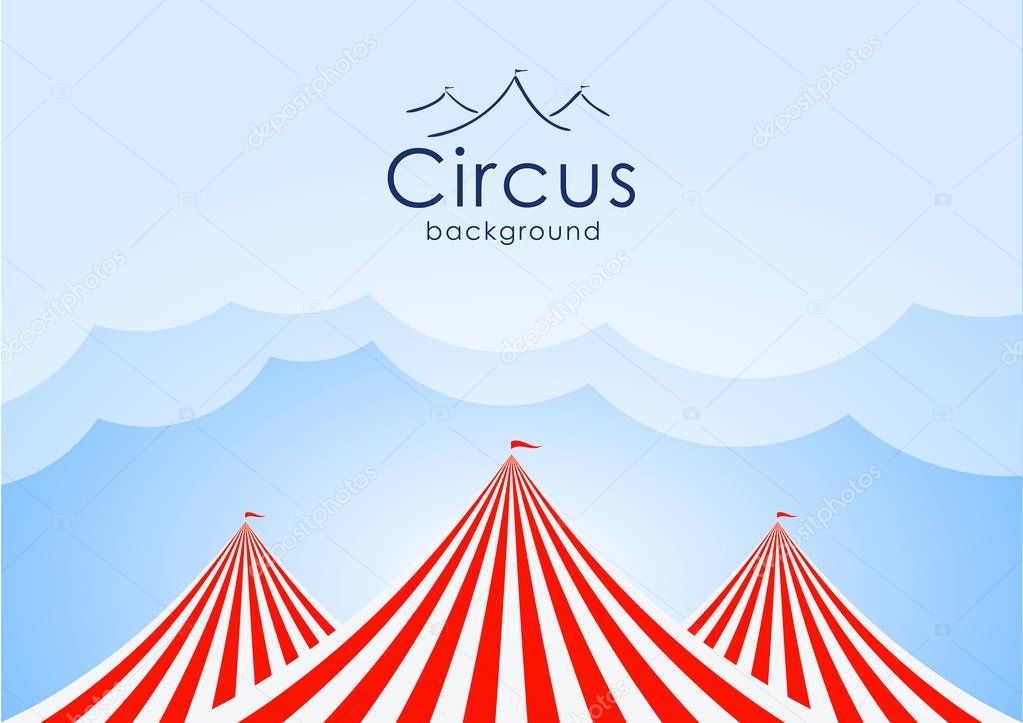Vector illustration: Circus background with blue sky, clouds and tents.