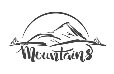 Vektör çizim: çam, yatay, kroki ve Dağları'nın el yazısı modern yazı ile el çekilmiş sahne.