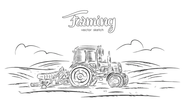 Vector illustration: Hand drawn sketch with tractor on field — Stock Vector