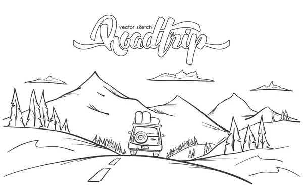 Vektör çizim: elle çizilmiş dağlar manzara gezintisi araba ve el yazısı yazı araba yolculuğu ile.