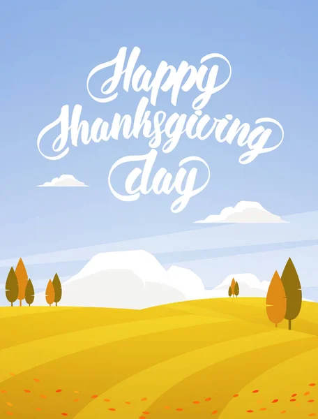 Vector illustration: Vertical Autumn landscape with fields, trees and hand lettering of Happy Thanksgiving Day — Stock Vector