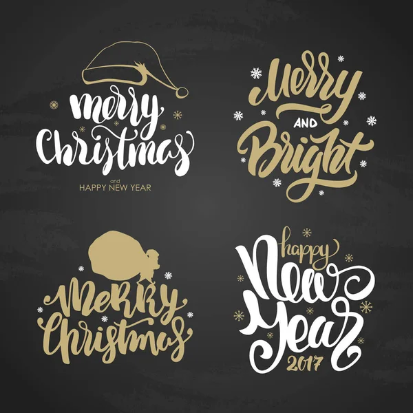 Set of golden winter holidays inscription. Merry and Bright Christmas and Happy New Year on chalkboard background. — Stock Vector