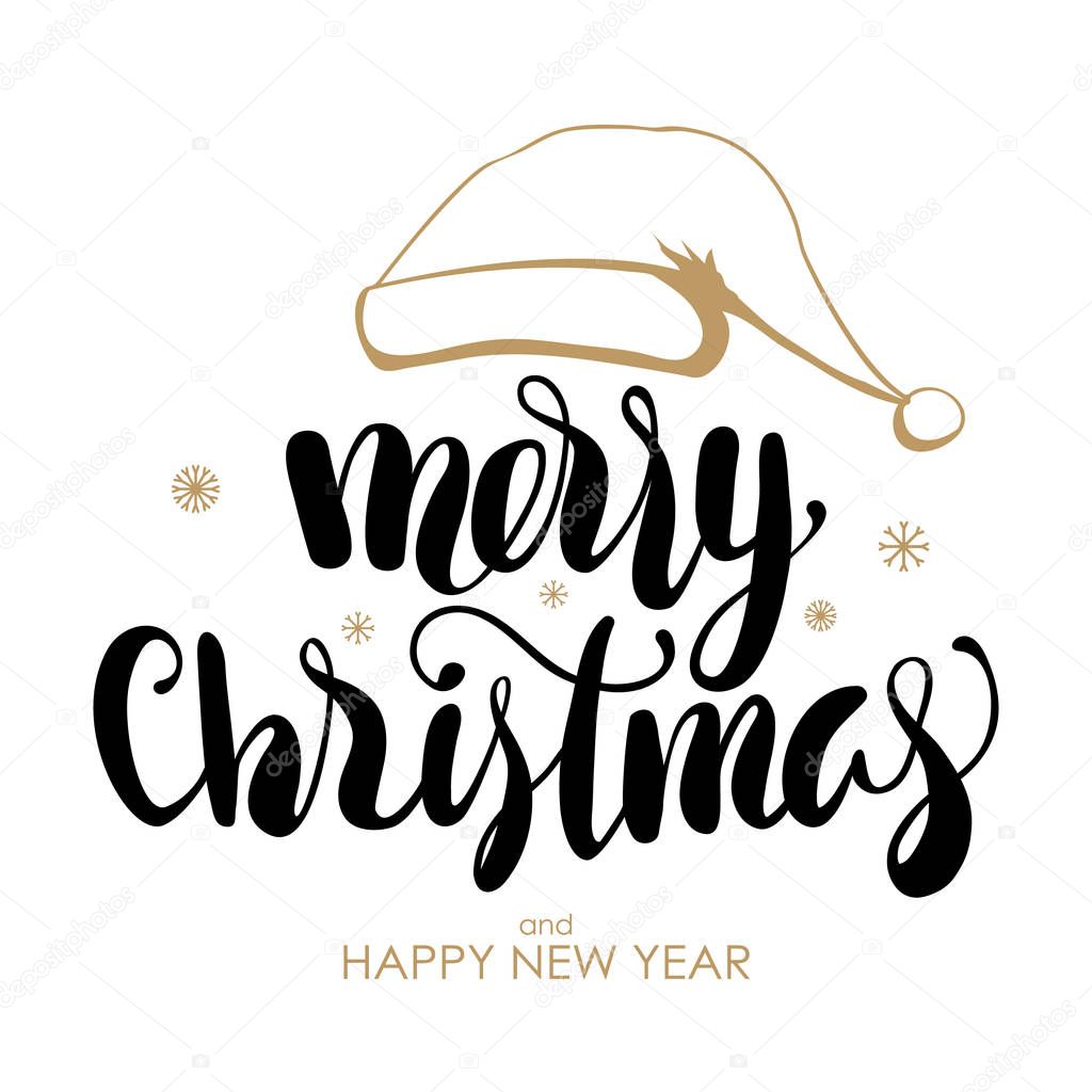 Handwritten lettering of Merry Christmas and Happy New Year with Hand drawn hat of Santa Claus on white background.